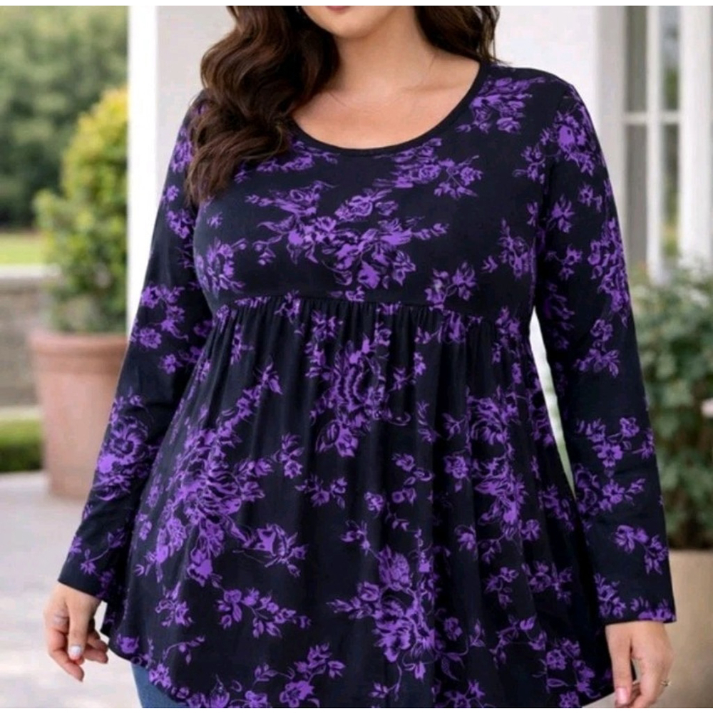 NWT Women’s 3X Purple Floral Empire Waist Tunic Top Plus Size Long...